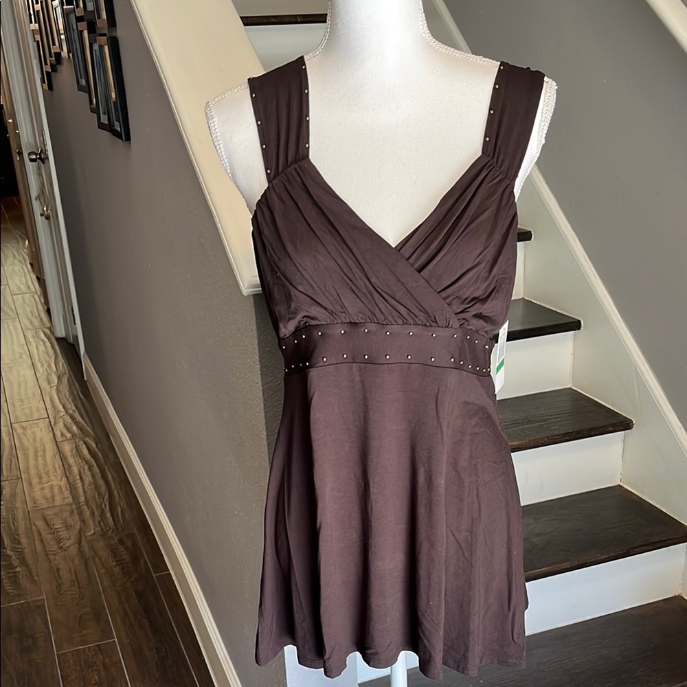 Michael Kors Brown Empire style Summer Top. Brass studs accents. Lg